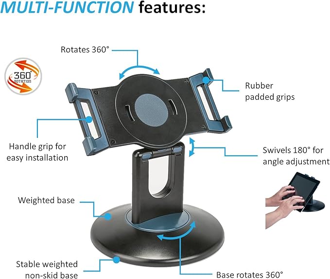 Premium 360° Rotating Tablet Stand for Desk – Adjustable Tablet Holder for 7.9” to 13” Devices, Swivel Weighted Base, Sturdy Black Metal iPad Stand for Office, Home, and Retail Display