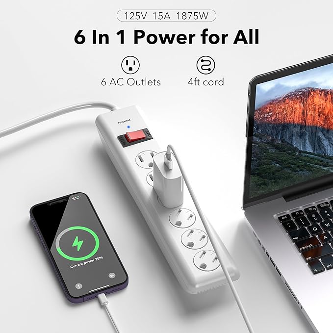 BN-LINK 6-Outlet Power Strip Surge Protector 1-Pack, 4-Foot Extension Cord, 600 Joules, Twist-to-Close Safety Covers, 90 Degree Flat Plug, Overload Protection, White