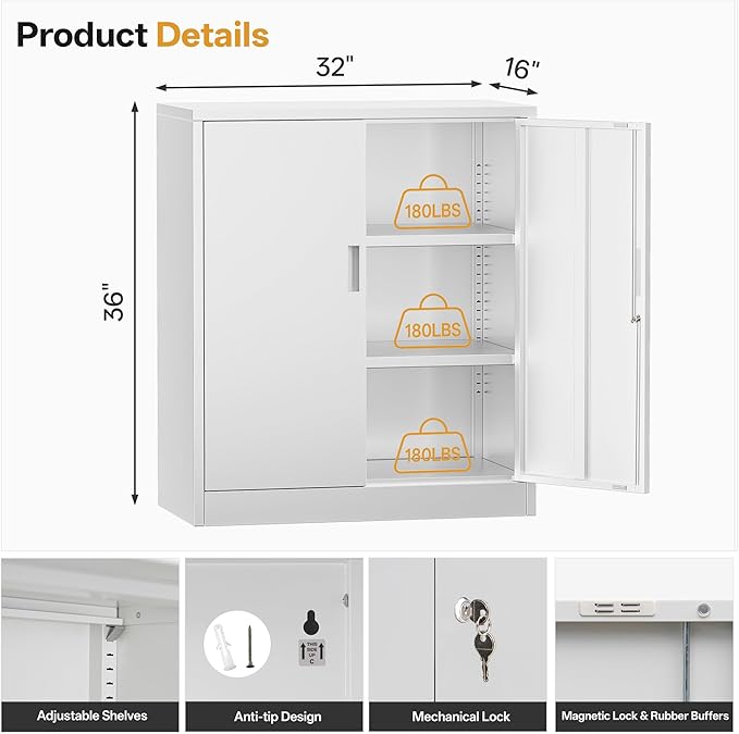 TaskStorz Metal Garage Storage Cabinets，36" Steel File Cabinet with 2 Adjustable Shelves, Lockable Storage Cabinets for Office, Home, Garage, Warehouse 36" H x 32" W x 16" D (White)