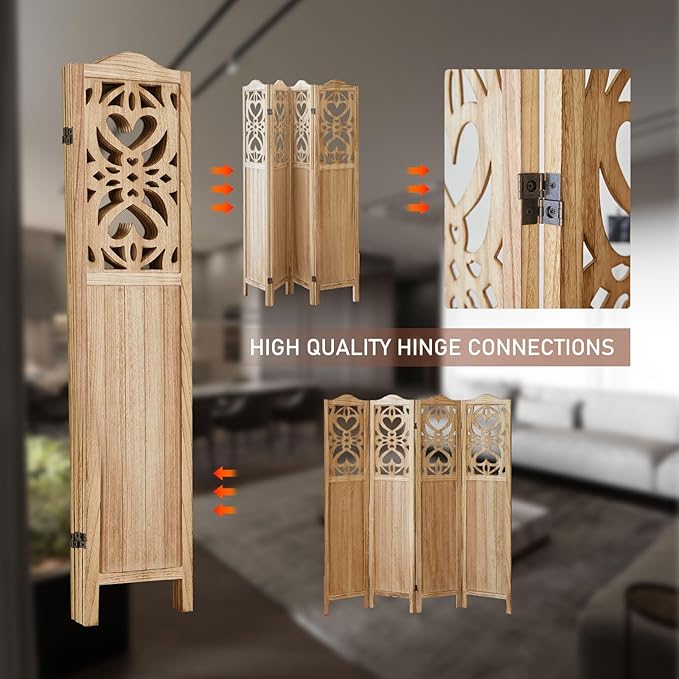 ALeesing 4 Panel Room Divider Fully Assembled, Carved Room Dividers and Folding Screens, 5.6Ft Wood Room Divider Screen Freestanding Partition Wall Dividers for Home Bedroom Office, Rustic Wood Color