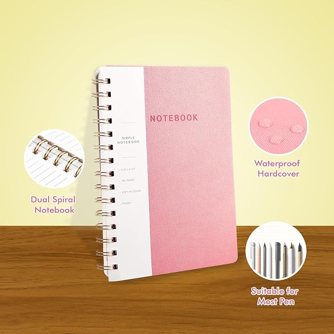 Spiral Notebook-5.75" x 8.125" College Ruled Journal with Inner Pockets and 160 Pages,PU Leather Cover Business Journal, Twin-Wire Binding Notebook Perfect for Office & Home School Supplies 6 pack Reefblue/Pink