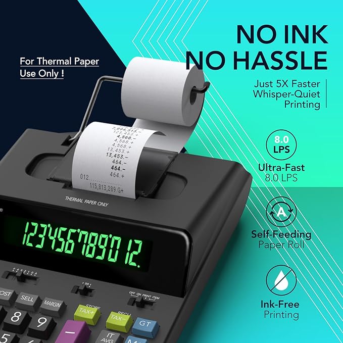 CATIGA 12 Digit Thermal Printing Calculator with Tape Print Out, Ink-Free Adding Machine, 5X Faster Quite at 8.0 LPS, Extra Large Fluorescent Display, Tax Calculation with Clock and Calendar, SP-2401