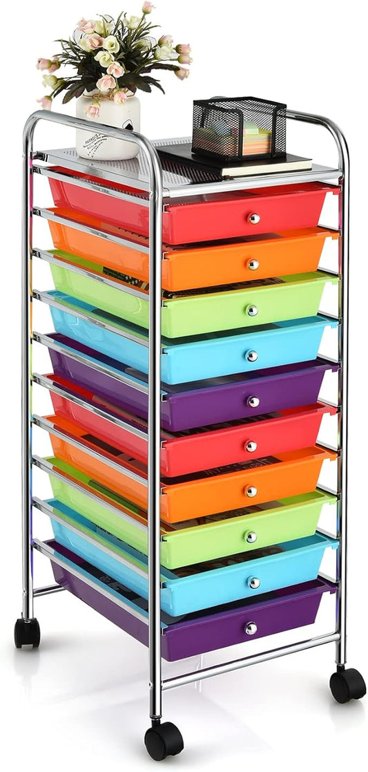 GLACER 10 Drawers Rolling Cart, Storage Cart with w/Removable Drawers & Steel Frame, Utility Mobile Trolley w/Universal Casters & 2 Brakes, Organizer Cart for Home, School, Office (Multicolor)