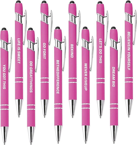 CRME 10pcs Inspirational Retractable Pen Funny School Supplies Pink Pens Black Ink 1mm Pen Smooth Writing Give Up Anxiety Pens Positive Gifts for Women Novelty Gifts for College Students and Girl