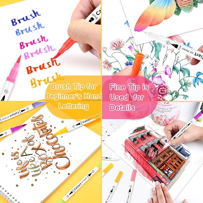 Caliart 72 Colors Double Tip Brush Pens Art Markers, Artist Fine & Brush Pen Coloring Markers for Adult Book Cards Drawing Craft Kit Teacher Office Supplies