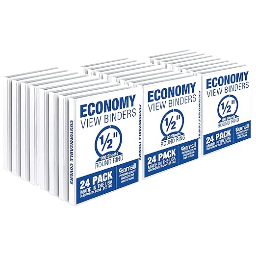 Samsill 0.5 Inch 3 Ring Binders, Made in USA, Economy Round Ring, Clear View Cover, 100 Sheet Capacity - for School, Home, Office - White, 24 Pack