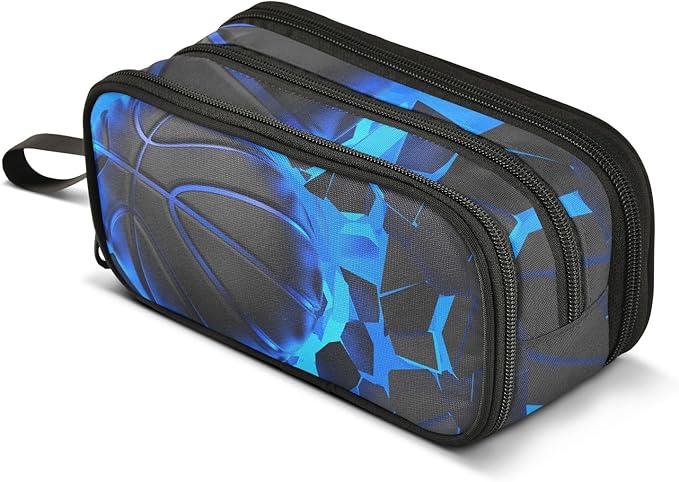 BOENLE 3d Basketball Blue Lighting Pencil Case Box Boys Girls Large Pencil Pouch with Zipper Compartments Big Capacity Stationery Pen Bag Organizer for Kids Teens Adults School
