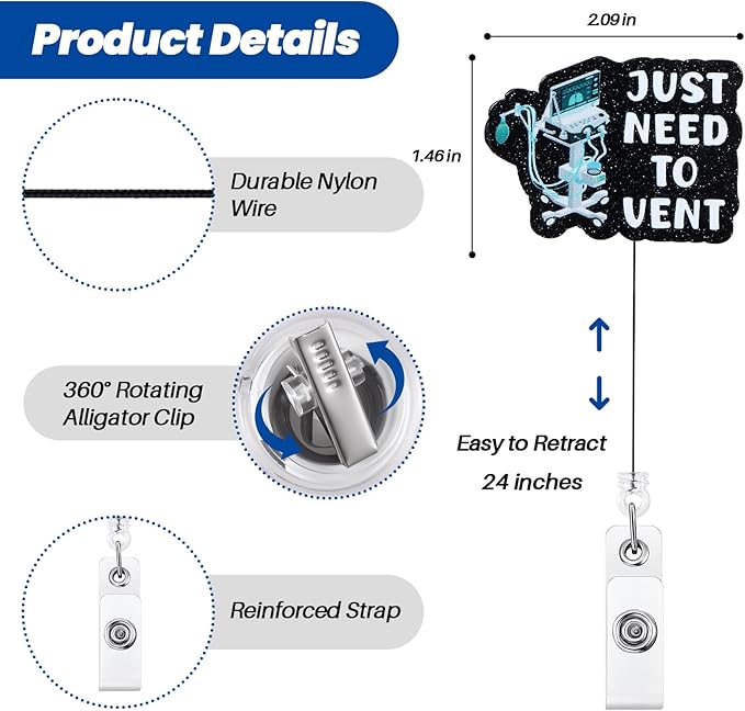 Just Need to Vent Funny Inhaler Badge Reel, Retractable ID Card Badge Holders, Medical Badge Clip for ICU Nurse ED ER Respiratory Therapy RT Intensivist Anesthesiologist CRNA Resident Physician