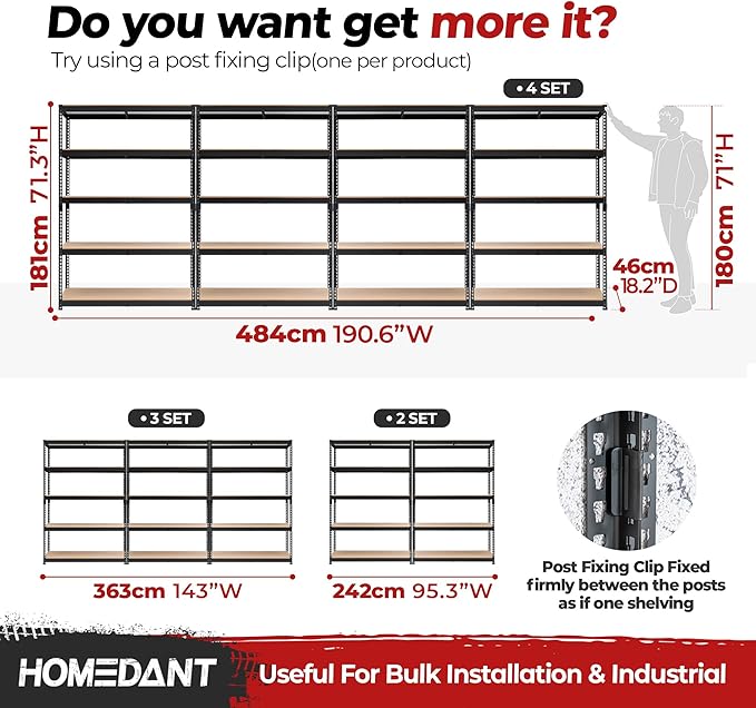 HOMEDANT 5 Tier Storage Shelves Adjustable Laminated Boltless Garage Metal Shelving Unit Heavy Duty Utility Rack Shelf Warehouse Pantry Closet Kitchen (2, (L) 48.1" W, Black)