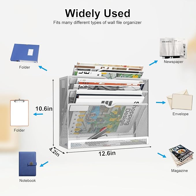 KZWKRG 4 Tier Magnetic File Holder, Large Capacity Mesh Hanging Wall Organizer Vertical Magnetic Hanging File Organizer, Magnetic File Folder Holder for File Cabinets, Office, Whiteboard (White)