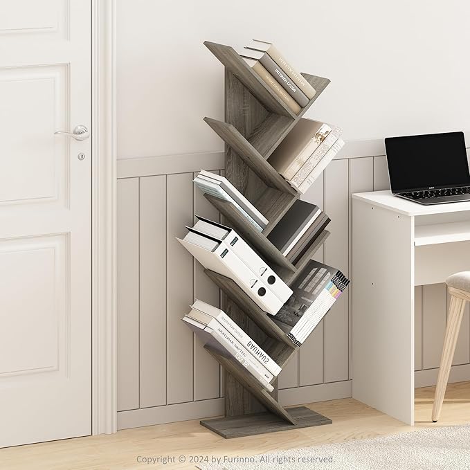 Furinno Tree Book Shelf, 9-Tier Bookshelf, Tree Bookcase for Room Decor, 8.4 x 15.7 x 50.9, for Living Room, Bedroom, Home Office, Grey Oak