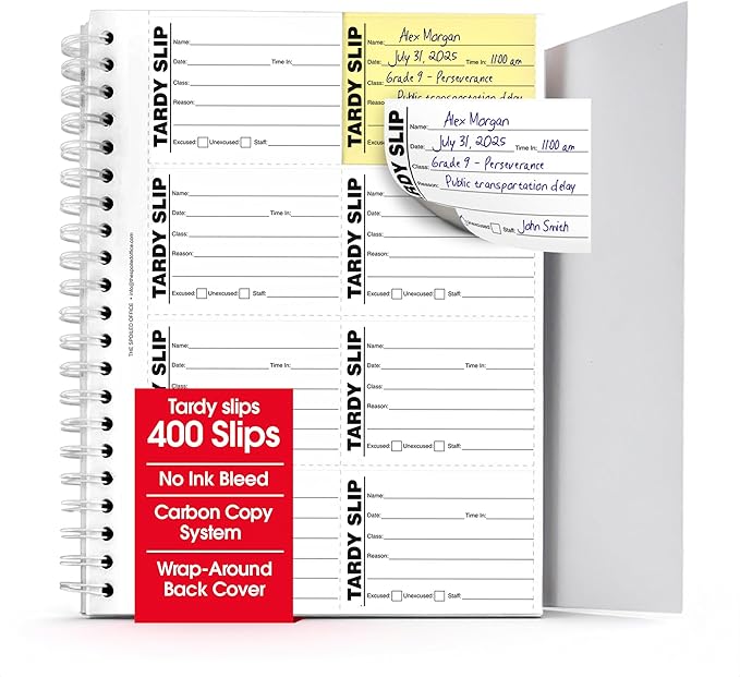 The Spoiled Office Tardy Slip Book with Carbonless Duplicates 400 Pcs - 2 3/4"x3 3/4"- Easy Tracking Log Book for School Carbon Copy, School Supplies, Office Supplies for Desk, Spiral Bound