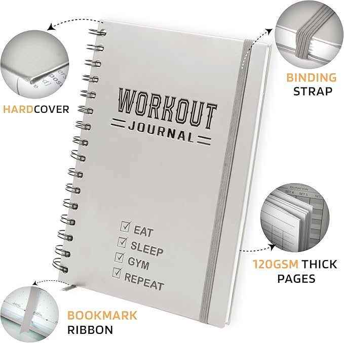 Nextnoid Hardcover Fitness Planner Workout Journal for Men & Women - A5 Sturdy Workout Book Log to Track Gym & Home Workouts - Beige