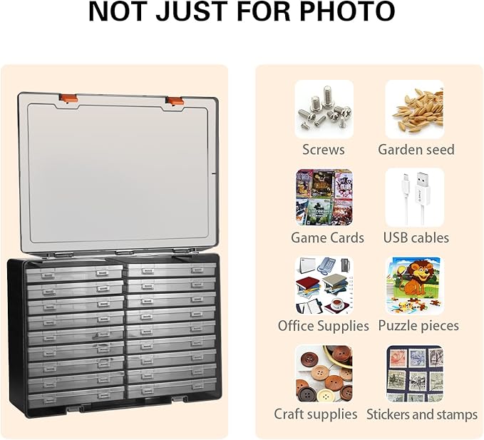 Photo Storage Box 4" x 6", 18 Inner Extra Large Photo Case Large Photo Organizer Acid-Free Photo Box Storage Photo Keeper Photo Storage Case, Plastic Craft Storage Box for Photo Stickers Stamps Seeds (Black, 18 Boxes)