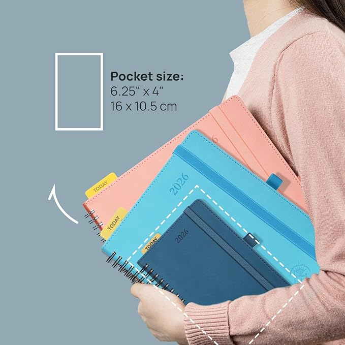 POPRUN Pocket 2026 Planner (Small Size- 4'' x 6.25'') Weekly and Monthly for Purse - Calendar 2026 (Jan. 2026 - Dec.2026) with Soft Cover, Plastic Ruler - Blue Green