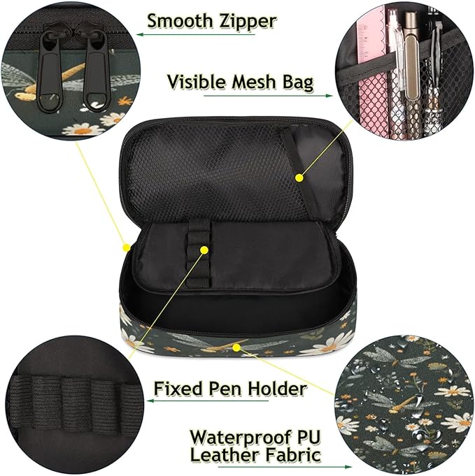 Pardick Pencil Case，Butterfly Daisy Big Capacity Pencil Pouch Coin Pouch Stationery Organizer For Teen School