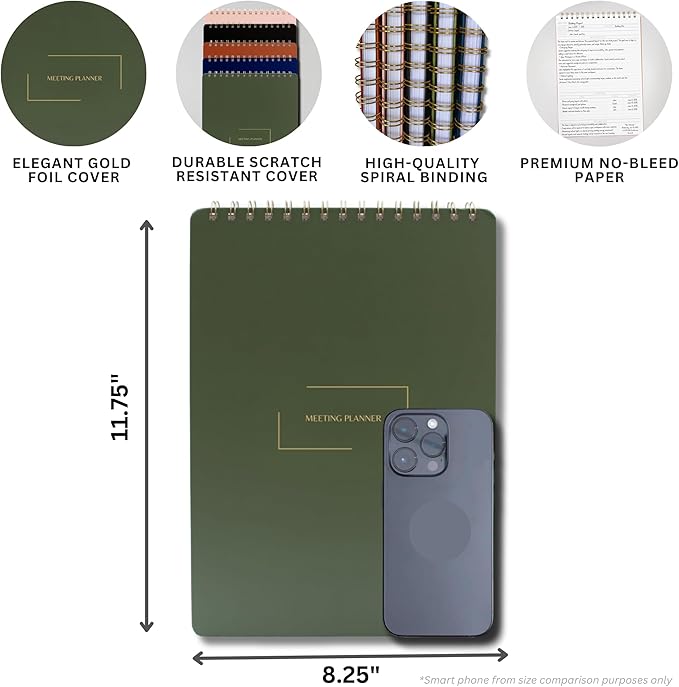 Merely Home | Meeting Notebook for Work | 8.25" x 11.75" | Project Planner | Simple Design | Multiple Layouts | Office and Business Planner (Evergreen, Meeting Planner - Portrait)