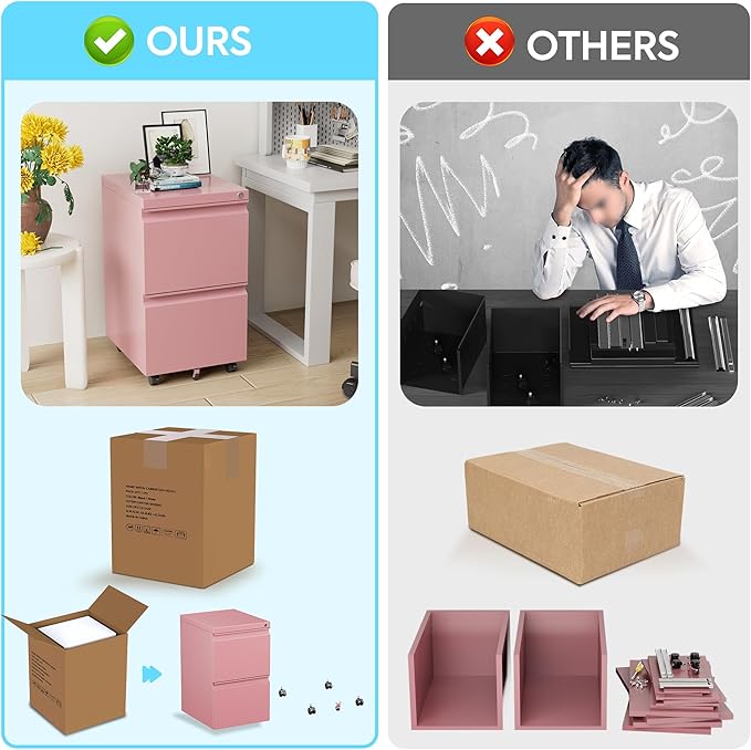 METAN 2 Drawer File Cabinet with Lock, Mobile Under Desk Filing Cabinet for Office Legal/Letter Size, Fully Assembled Except Wheels,Pink