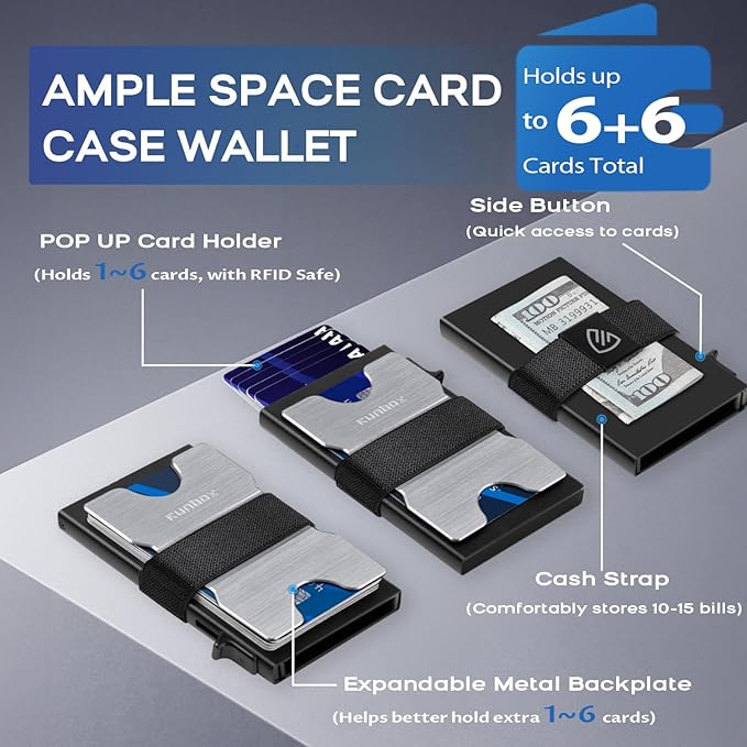 RUNBOX Slim Card Holder Wallet for Men, Minimalist RFID Blocking Wallet with Pop-Up Function, Ultra-Thin Design, Metal Business Card Cases holds 6+6 Cards, Gifts for Men, Men's Accessories