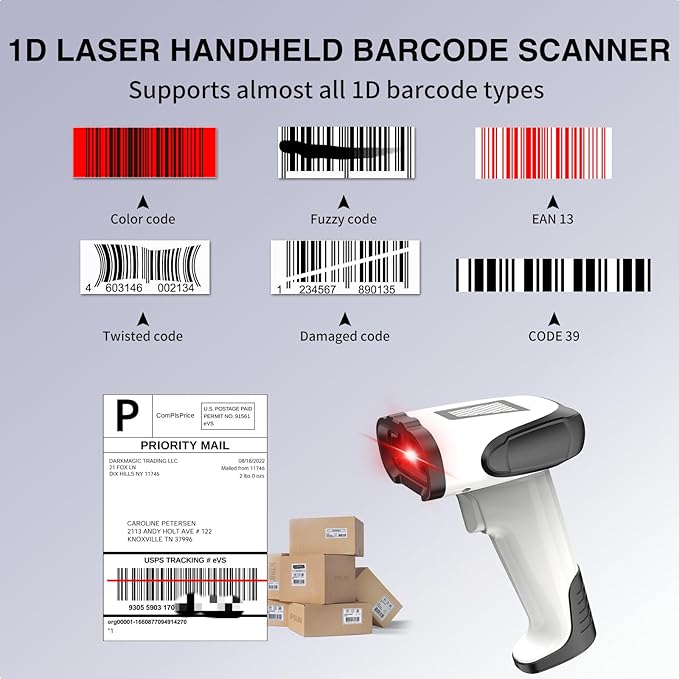 Laser Wireless Handheld Barcode Reader with Stand Bluetooth & 2.4Ghz and USB Wired 3 in 1 Working 1800mAh for Computer POS, Handheld 1D Bar Code Reader for Warehouse Library Supermarket