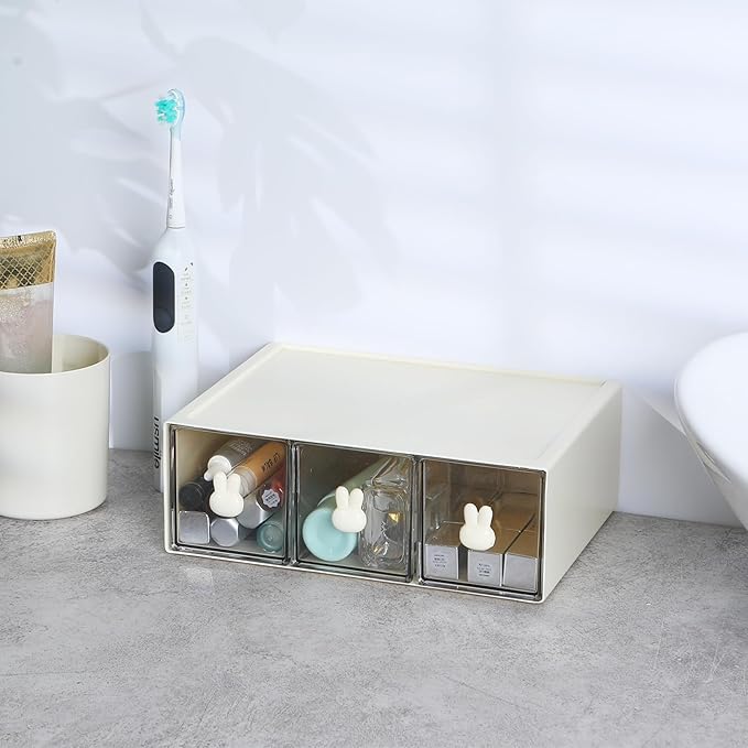 OSteed Desktop Drawers, Desk Organizer with 3 Drawers & Bunny Handles, Stackable Plastic Storage Box for Home Collection, Cosmetics, Office Supplies (1 Tall Layer, Cream & Clear)