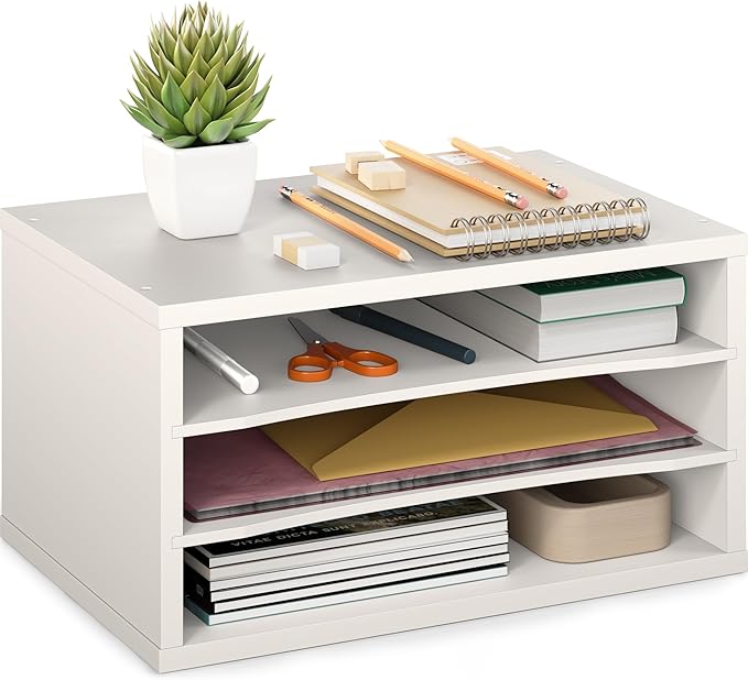 Ballucci Paper Organizer, 3-Tier Stackable Wood Desk Organizer, Document File Organizer and Mail Sorter with Adjustable Storage Shelves, White