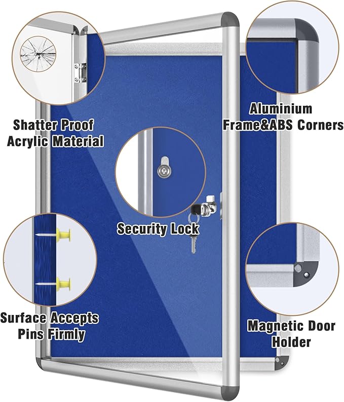 Mifuro 26"x20" Enclosed Bulletin Board, Lockable Weather-Resistant Aluminum Cork Noticeboard for School & Office, Silver Frame w/Blue Flet