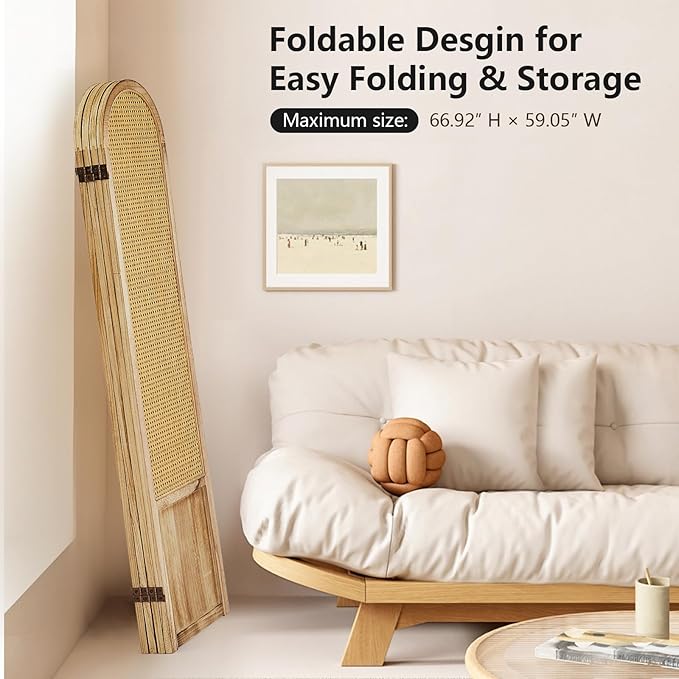 Asnefeli Room Divider 4 Panel, Folding Privacy Screen, Foldable Wood Divider Room Dec, Rattan Room Divider, Portable Partition Screen, Wall Divider for Room Separation Bedroom Home Office (Natural)