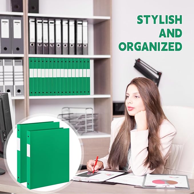 Henoyso 36 Pcs 3 Ring Binder 0.5 Inch Round Fits Letter Size 8.5'' x 11'' Paper Plastic Flexible Binder Bulk Holds 140 Sheets with 1 Pockets Versatile Organizer for Home Office School (Green)