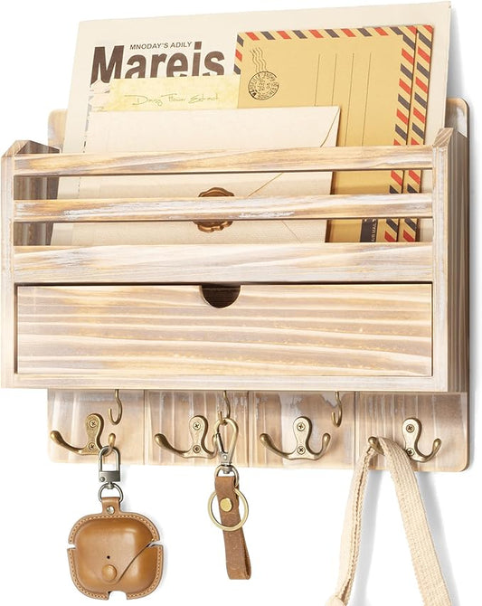 Rebee Vision Farmhouse Mail Organizer Wall Mount – Decorative Key and Mail Holder for Wall with Drawer Organizer and 7 Key Hooks – Apartment Essentials for Home Decor (Natural Wood)