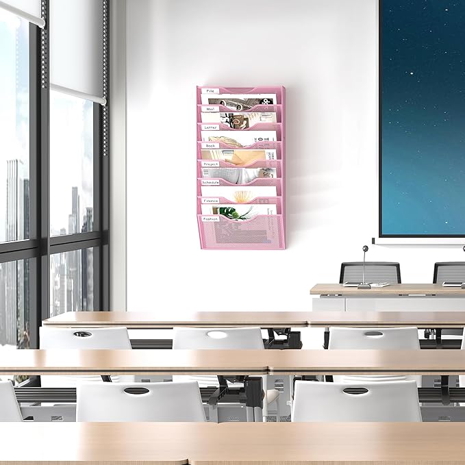 EasyPAG 8 Pocket Mesh Wall File Organizer, Hanging Paper Folder Holder with Classify Label, Vertical Wall Mount Mail Organizer for Office Home Classroom, Pink