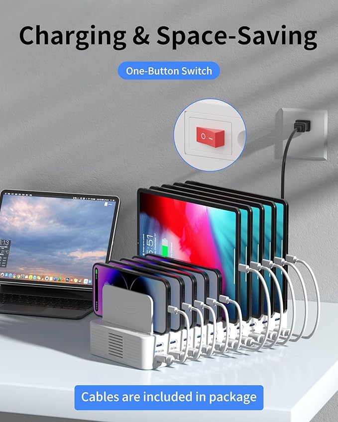 270W Charging Station for Multiple Devices, 20-Port USB Fast Charging Station with Adjustable Dividers & 10 Cables, Multi Device Organizer Charging Dock for iPhone, iPad, Tablets & More