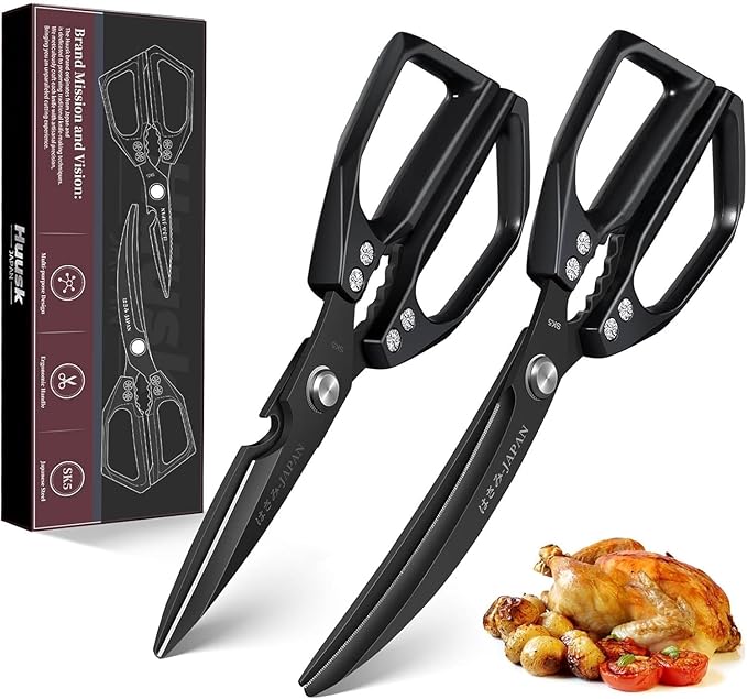 HUUSK Kitchen Scissors Set Black - Stainless Steel Kitchen Shears, Sharp Meat Scissors Dishwasher Safe, Heavy Duty Poultry Shears All Purpose, Japanese Cooking Scissor for Food,Christmas Gifts for Men
