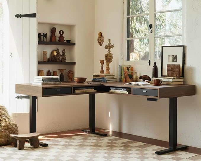 HUANUO Electric L Shaped Standing Desk, 63″x55″ Height Adjustable Corner Computer Desk with 2 Under Desk Drawers & Open Storage Sapce, Sit Stand Up Table with Power Strip Tray & Cable Grommets, Walnut