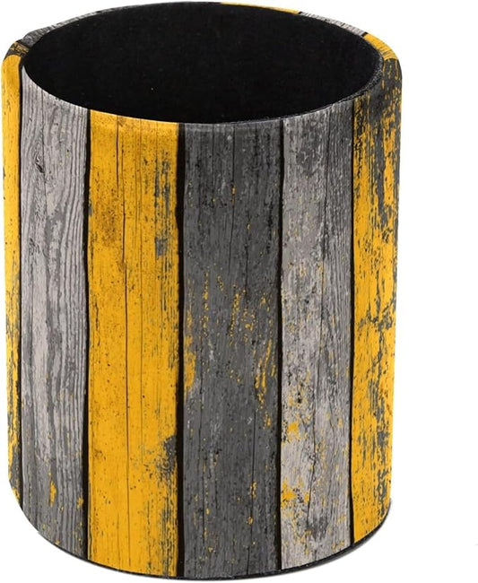 Leather Pen Holder for Desk Yellow Grey Gradient Wood Planks Pattern Pencil Cup Desktop Organizer Makeup Brush Holders Office Supplies for Home, Kids & School