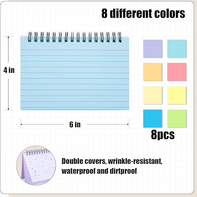 Koogel 400PCS Index Cards, 4x6 Large Index Cards with Key Rings for School, Flashcards Heavy Note Card with Waterproof Covers for Studying Learning College Office Home Supplies, 8 Color