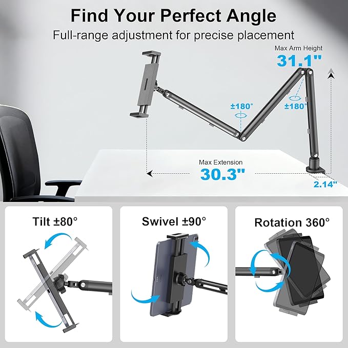 iPad Holder for Desk, Adjustable Tablet Arm iPad Desk Mount with C-Clamp, 30" Foldable Long Arm & 360° Rotation, Fits 4.7"–15.6" i Pad Pro/Air/Mini, Phones & 15.6" Portable Monitors for Desk/Bed Use