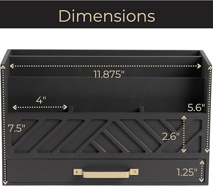 BLU MONACO | Grey Wooden Desk Organizer With Drawer | MDF Wood Desktop Organizer With Gold Handle | Multi-Compartment Desk Storage For Office Stationery | Home Office Organization