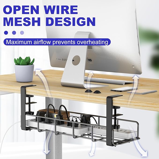 Under Desk Cable Management Tray, 31.5'' No Drill Steel Cable Tray Organizers, Wire Management Tray Cable Rack with Clamp Mount, Metal Under Desk Tray with Wire and Cord Organizer (Black, 2 Pack)