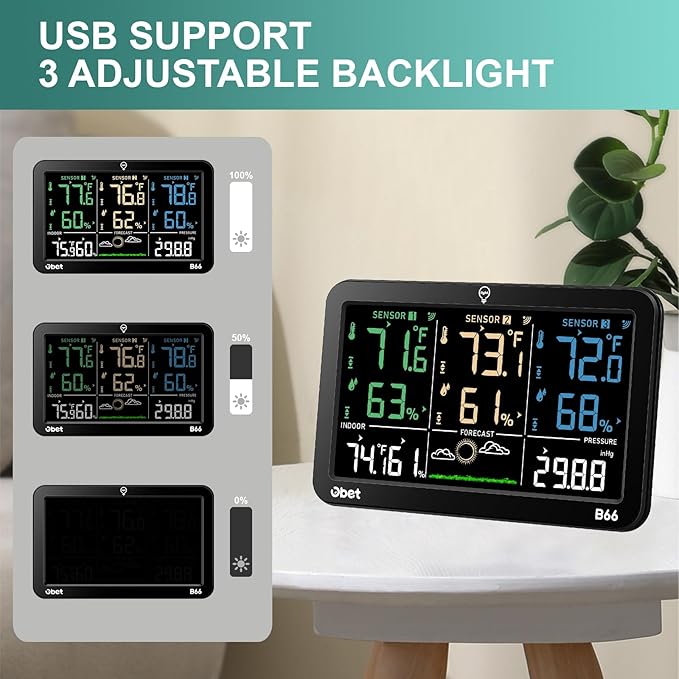 OBET Weather Station Wireless Indoor Outdoor Thermometer Wireless, Color Display Digital Temperature and Humidity Monitor with 3 Sensors, Alerts, Adjustable Backlight, USB Port (500 Feet)