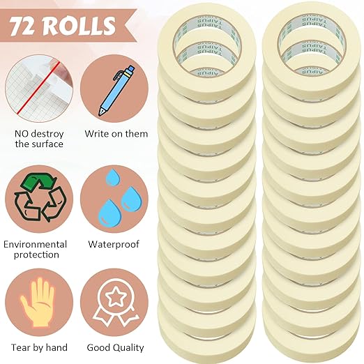 Fainne Masking Tape Bulk General Purpose Masking Painting Tape 55 Yards for Painting Home Office School Stationery Arts Crafts Basic Use, Easy Removal(72 Rolls,1 Inch)