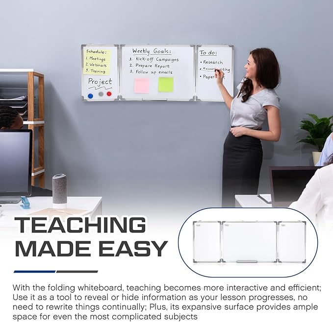 48” x 18” Foldable Whiteboard Dry Erase Board Large Tri Folding Whiteboard Magnetic Dry Erase Board, Wall Aluminium Frame and Flip Out Pen Tray for Office, Home