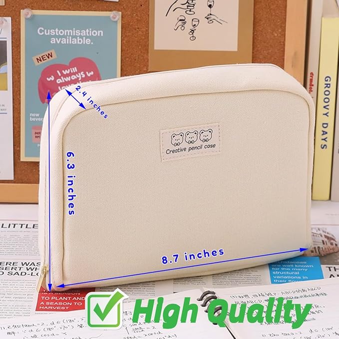 Fcteap Pencil Case Pouch Box Cute Kawaii Large Capacity Aesthetic Zipper Pen Holder Organizer Bag for Office Workspace Supplies Desk Accessories Travel (Off-White)
