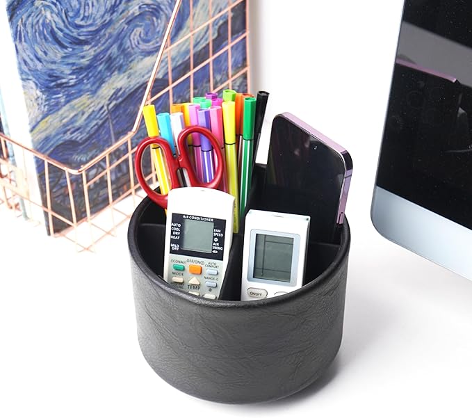 Hennaja Round Leather Art Supply Organizer,Remote Control Holder,360 Degree Spinning,Multi-Functional Pencil Holder,4 Compartments Desktop Stationary Organizer(1-Crazy Black)