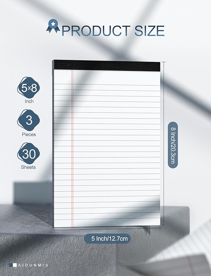 Aidunmis 3 Pack Small Legal Pads 5x8 White Notepads Paper Tablets 5x8 Legal Pad 80 GSM Lined Note Pads of Paper 5x8 College Ruled Writing Pads 30 Sheets/Pad, 25 Lines Note Pads for School, Office