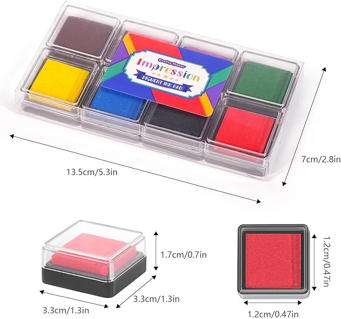 CraftyManor Mini 8 Color Pigment Ink Pads for Stamps, Fingerprint InkPads, Stamp Pad for Scrapbook Paper & Wood & Clothing & Letter & Archival
