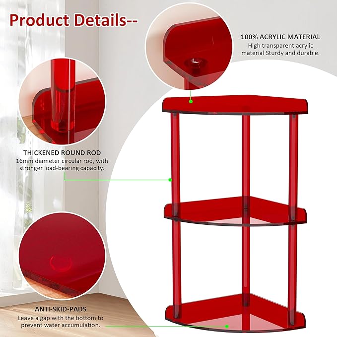 Sezanrpt 3 Tier Countertop Corner Organizer Shelf 7x7x15.7 Inch, Red Countertop Acrylic Bathroom Corner Shelf, Vanity Storage Organizer for Cosmetics, Toiletries