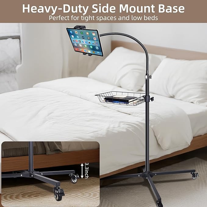 Coslony Adjustable Floor Standing Tablet Stand with Storage Basket, Mobile Rolling Base, Height Adjustable Metal Frame