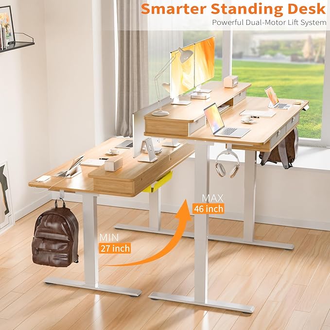 ExaDesk 55 * 30 Inches Electric Standing Widened Desk Adjustable Height with 4 Drawers, Double Storage Shelves, Home Office Workstation Sit Stand up Desk (Nature)
