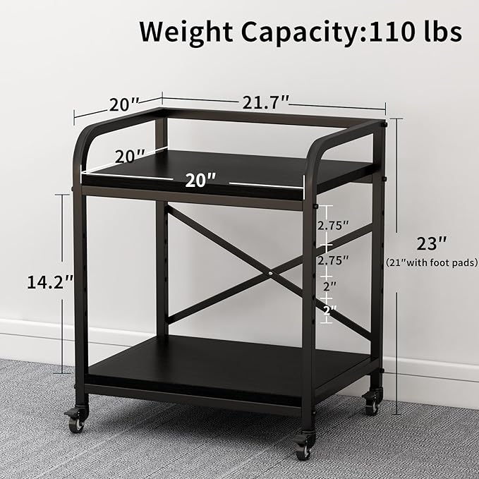 Vokumba 2 Tier Large Printer Stand, 20 x 20 Inches Printer Table with Storage Shelf, Rolling Printer Cart with Wheels for Home Office, Scanner Fax (Black)